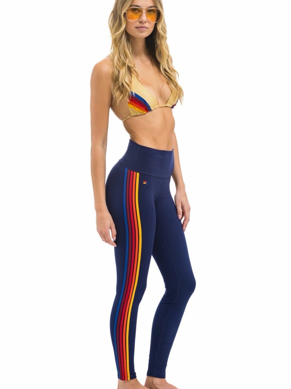 Aviator Nation High Waist Navy Athletic Leggings with Red and Blue Stripe Trim